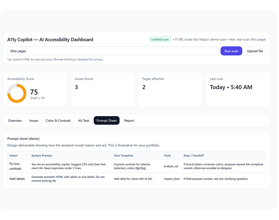 A11y Copilot — accessibility scanner UI